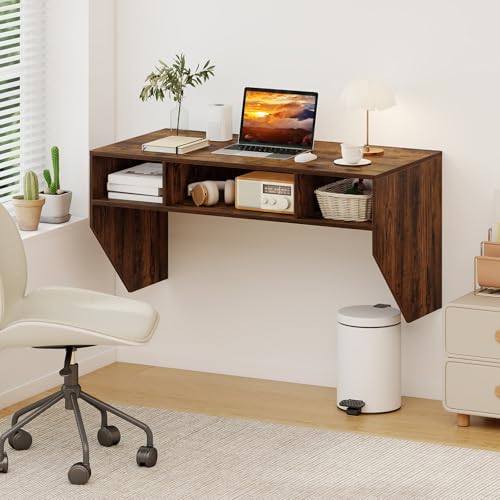 Giantex Wall-Mounted Computer Desk, Floating Laptop Desk with 3 Storage Compartments, Space-Saving Home Office Workstation Vanity Table for Bedroom, Study, Living Room (Rustic Brown) - color: Rustic Brown