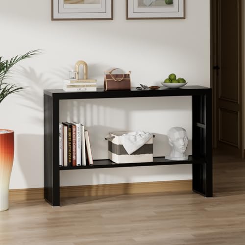 47-Inch Console Table with Storage, 2-Tier Narrow Entryway Table,Black | 100% Natural Bamboo slim profile, reinforced angled frame versatile wall-side placement - color: Black, style: 2-TIER