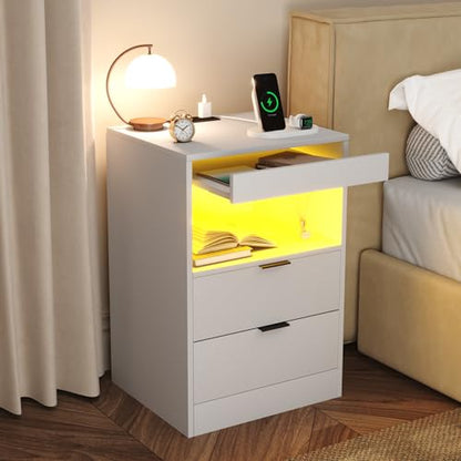 Gadroad LED Nightstand with Charging Station, Bedside Table with USB Ports & Power Outlets, Modern Night Stand with Drawers for Bedroom Small Spaces, White - color: White