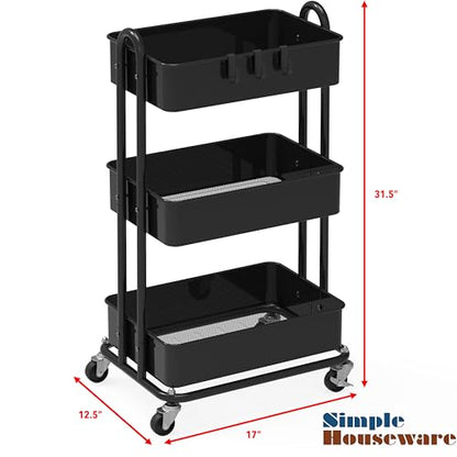 Simple Houseware 3-Tier Heavy Duty Metal Utility Rolling Cart, Black - color: Black