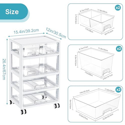 Vtopmart Plastic Drawer Storage Orangizer, 4 Tier 6 Drawers with Wheels for Office Supplies, Art Crafts, Under Desk Storage for Office, Bathroom, Dresser, 1 Pack/Clear - style: 4 Tier 6 Drawers