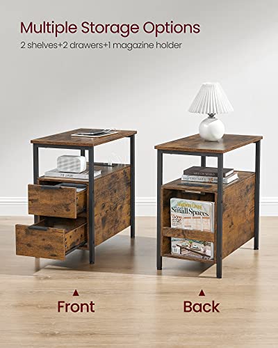 VASAGLE Side End Table with Charging Station, Slim Nightstand with 2 Drawers, Narrow Bedside Table for Living Room, Small Spaces, Rustic Brown and Ink Black ULET321B01 - color: Rustic Brown + Ink Black, size: 23.6"D x 13.8"W