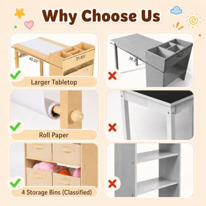 Kids Art Table & 2 Chairs Set, Wooden Activity Craft Desk w/ Paper Roll | Sturdy Wooden Table with Organizers, Open Shelves, Removable Bins, for Toddlers Art Crafts Drawing Painting Writing (Natural) - color: Natural