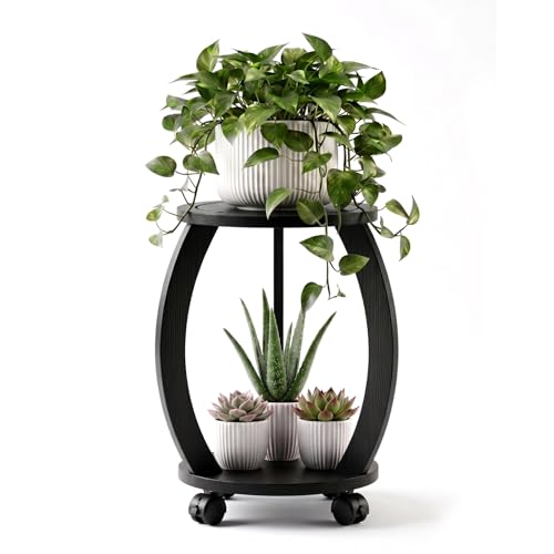2 Tier Wooden Plant Stand Indoor with Wheels – Tall Plant Stand for 6-12 Inch Pots, Mid-Century Modern Rustic Plant Table Indoor, Pedestal Stand for Corner, Living Room, Balcony, Black - color: Black