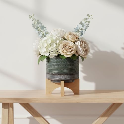 Ceramic Dotted Planter with Wood Stand for Home Decor - Modern Flower Planters for Patio, Entryway, and Garden - Small Decorative Pot Display for Indoor and Outdoor Plants - 8", Green & Tan - color: Dot Green