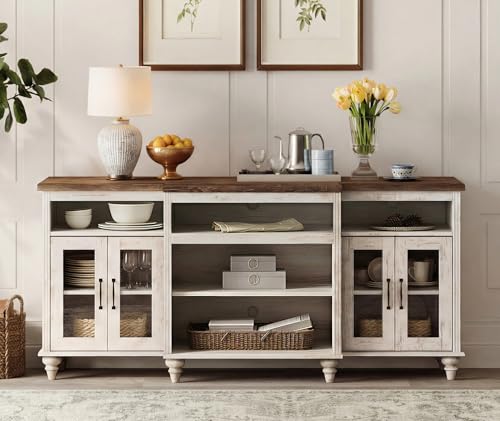 WAMAPT Buffet Cabinet with 4 Glass Doors, Large Coffee Bar Tables Wood Kitchen Storage Cabinets with 9 Storages, Modern Farmhouse Sideboard Credenza, Rustic White, 70 inch - color: Rustic White