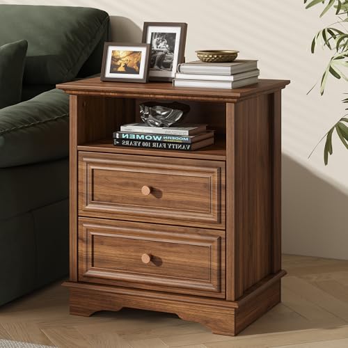 XIAO WEI Walnut Nightstand with Hidden Drawer, 2 Drawers and Open Shelf | Hidden drawer, 2 drawers and an open shelf offer organized storage for bedside items and valuables - color: Walnut, size: 1PCS