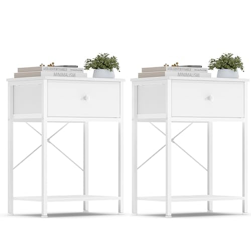 SONGMICS Bedside Table with Drawer, Nightstand with Lower Shelf | Side Table for Bedroom, Living Room, Set of 2, Cloud White, BELLAH Collection, ULGS111W101S - color: Cloud White, style: 1 Drawer-2Pc
