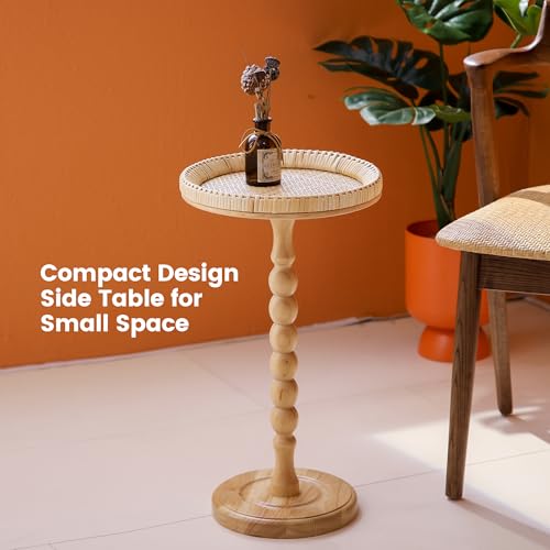 Drink Table，Rattan Round Small Side Table for Small Spaces, Boho Circle End Table Coffee Table with Solid Wood Leg for Living Room, Pedestal Table for Bedroom, Corners - size: High: 21.4", style: Bohemian