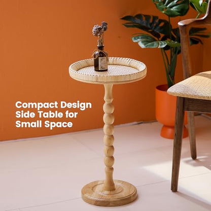 Drink Table，Rattan Round Small Side Table for Small Spaces, Boho Circle End Table Coffee Table with Solid Wood Leg for Living Room, Pedestal Table for Bedroom, Corners - size: High: 21.4", style: Bohemian