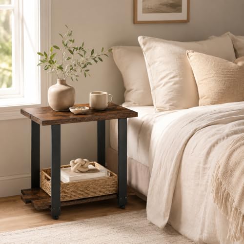 Transitional Narrow End Table, Rustic Brown | 2-Tier, Storage Shelves, Modern Farmhouse Industrial Nightstand, For Living Room, Bedroom, Small Spaces, Couch - color: Rustic Brown