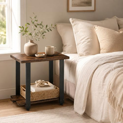 Transitional Narrow End Table, Rustic Brown | 2-Tier, Storage Shelves, Modern Farmhouse Industrial Nightstand, For Living Room, Bedroom, Small Spaces, Couch - color: Rustic Brown