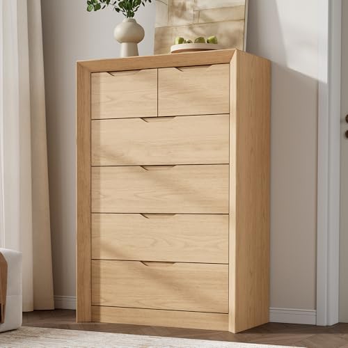 YANSNWO Natural Oak 6 Drawer Dresser for Bedroom, 47.4" Tall Dressers & Chest of Drawers with Unique Panel & Thickened Frame, Mid Century Modern Dresser with Handless Design for Living Room, Hallway - color: Natural Oak, size: 15.6"D x 31.5"W x 47.4"H (6