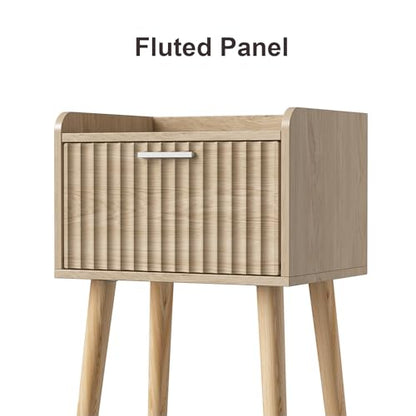 LAATOOREE Nightstand Set of 2, Small Bed Side Table with Fluted Door | End Table with Solid Wood Legs, Mid-Century Bedside Table for Bedroom Small Space - color: Natural, style: Fluted Style