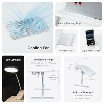 iXTRA Adjustable Laptop Lap Desk with Cooling Fan USB Light for Adults - color: White,70x45cm