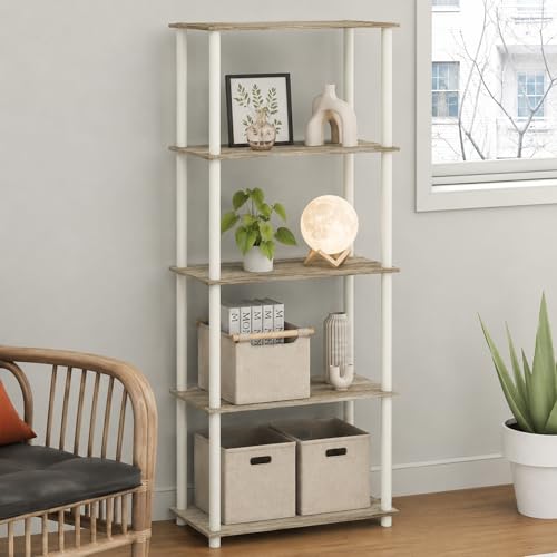 Furinno Turn-N-Tube Toolless Assembly 5-Tier Storage Shelves, Oak Book Shelf, Open Storage Bookshelf, for Organization and Storage, Living Room, Home Office, Bedroom, Light Oak - color: Light Oak/White