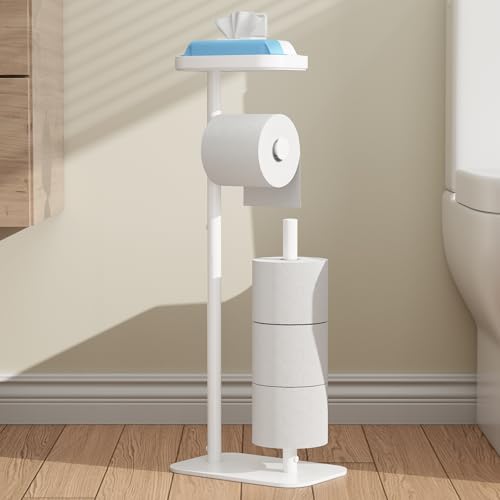 Kitsure Metal Toilet Paper Holder Free Standing, Medium, White | Rustproof Toilet Paper Stand for 4 Rolls, Bathroom Organizers and Storage with Anti-Slip Base and Plastic Shelf - color: White, size: Medium - 1 Pack