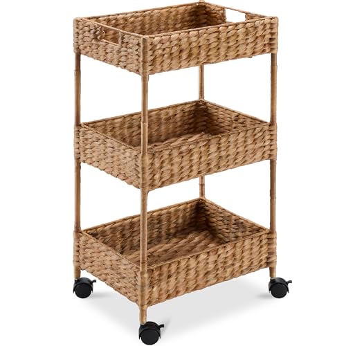 Best Choice Products 3-Tier Water Hyacinth Rolling Nursery Caddy w/Wheels, Utility Cart, Storage Organization for Bathroom, Craft Room, Laundry Room - Chestnut - color: Chestnut