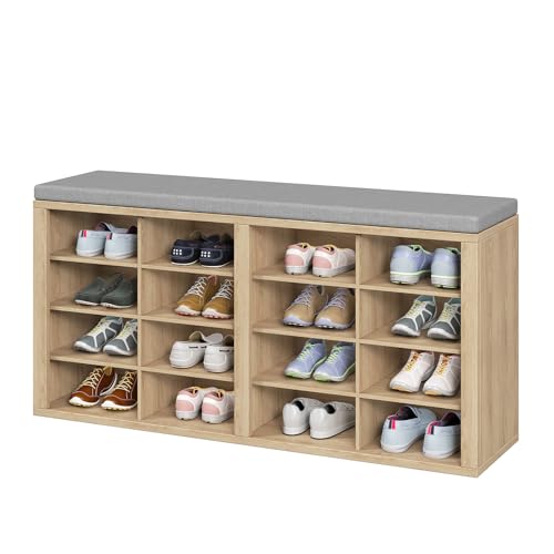 ITEFDTUTNE Shoe Rack Bench 40.94" Entryway Bench with Shoe Storage 16 Cubby Wood Shoe Organizer Bench with Removable Cushion for Hallway, Living Room, Bedroom and Garage - color: Natural Wood + Light Gray