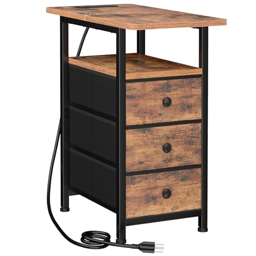 AMHANCIBLE End Tables Living Room with Charging Station, Narrow Side Table with USB Ports and Outlets, Slim Nightstand with 3 Fabric Drawers for Bedroom, Small Space, Rustic Brown, HETN013BR-1 - color: Brown, style: Power