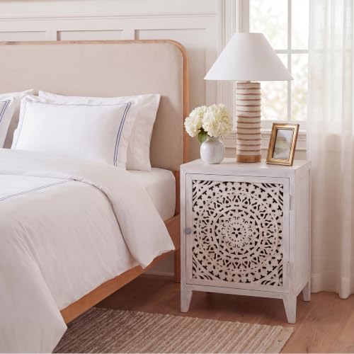 SAFAVIEH Furniture - Thea 1-Door Carved Nightstand - White Washed - Mango Wood - Artisan Global Design - Ideal for Bedroom, 20"W x 14"D x 26"H - Fully Assembled (NST5300C) - color: White Washed