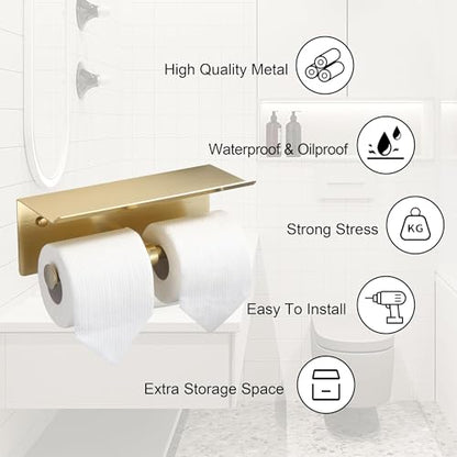 Brushed Gold Toilet Paper Roll Holder with Shelf Wall Mounted for Bathroom (Brushed Gold, Double Head) - color: Brushed Gold