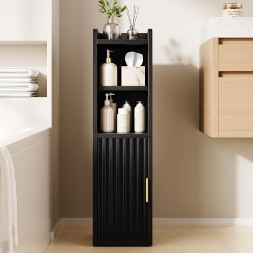 Yoobure Small Bathroom Storage Cabinet, Narrow Toilet Paper Cabinets with Fluted Door, Wood Slim Corner Floor Cabinet with Adjustable Shelf, Bathroom Organizer for Small Spaces, 7.9" D x 7.9" W, Black - color: Black