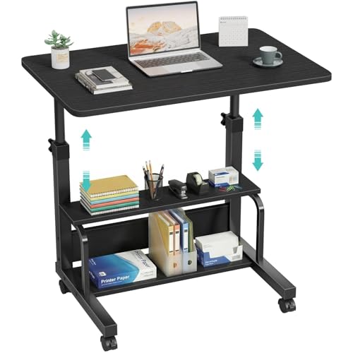 WINAZ Small Portable Rolling Kids Desk - 32" Mobile Laptop Desk with Wheels for Small Spaces, Height Adjustable C Shaped Side Table with 2-Tier Storage Shelves, Black - color: Black, size: 31.5"