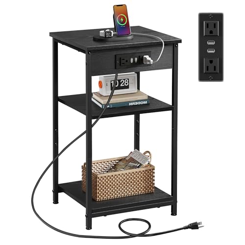 WLIVE Black End Table with Charging Station, Slim Night Stand with 3 Storage Shelves, Small Side Tables for Small Spaces, Bedside Tables for Living Room, Bedroom | Side Tables with Storage Adjustable Shelf for Small Spaces; Bedside Tables for Living Room,