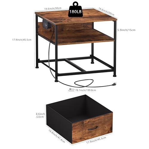 Unionly Mini Fridge Stand with drawer Storage,shelf & Power Outlet | 180lb Mini Fridge Table with Charging Station,Heavy duty small refrigerator shelf,white end table for Living Room,Kitchen - color: Brown