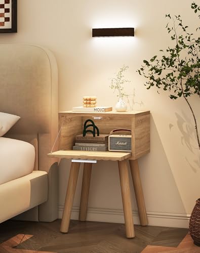 YMYNY Narrow Fluted Nightstand Set of 2, Small End Table, Modern Coffee Table with Drawer, Solid Wood Legs, Retaining Chain, for Bedroom and Small Spaces, Natural UHST014R-2 - color: Natural