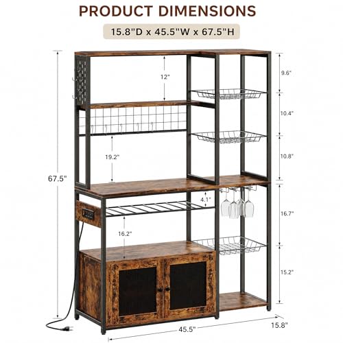 IRONCK Bakers Rack with Power Outlet, 45.5" W Kitchen Racks and Shelves | Chic Rustic Wood & Iron Frame. Ultimate Space Saver for Small Apartment Kitchens, Dining Beverage Bars, and Coffee Corners
