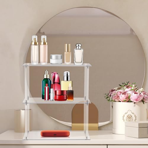Jusalpha Rectangular 3 Tier Clear Acrylic with Metal Tabletop Display Stand for Desktop Shelf, Bathroom Vanity Cosmetic Makeup Organization Shelves, Home Decor Display Stand (Large 3 Tier) - size: Large 3 Tier