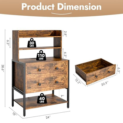 39 Inch Tall Nightstand with 2 Drawers & Charging Station, Brown | 4-tier Open Shelves, P2 Particle Board, Steel Frame, 2 AC Outlets, 2 USB Ports, Suitable for Dorm and Apartment - color: Retro Brown