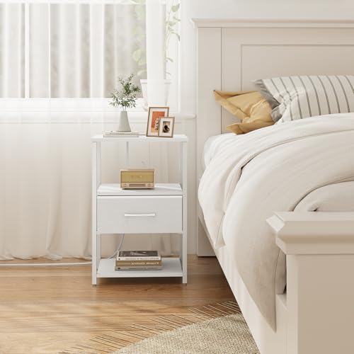 TUTOTAK Nightstand Set of 2, Night Stand with Charging Station, End Table, Bedside Table with Fabric Drawer, Side Table for Livingroom and Bedroom, White TB01BW0692 - color: White, style: Plug