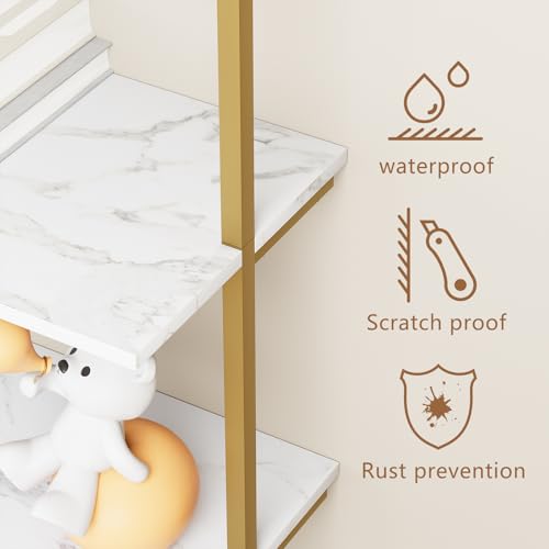 aboxoo Ladder Shelf White Marble Bookshelf 5-Tier Wall-Mounted Wood Rack Industrial Modern Plant Flower Stand Utility Organizer Open Bookcase Metal Frame Furniture Office Kitchen Bedroom - color: White Marble 5-tier, size: 1PC