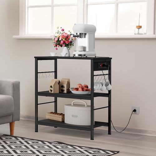 Bakers Rack with Power Outlet Black Coffee Station Cart Table on Wheels Microwave Stand Table with Storage Shelf for Kitchen Living Room Bedroom - color: Black
