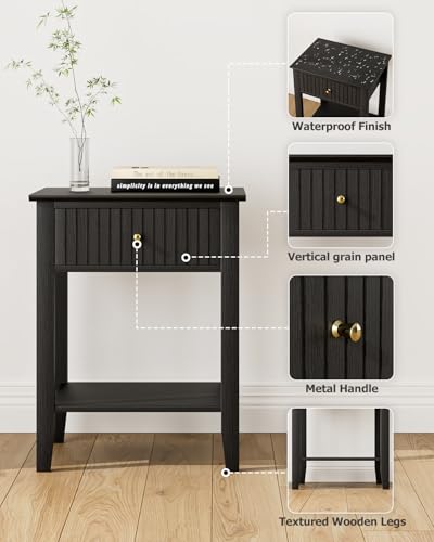 Fluted Nightstand, Farmhouse Night Stand with 1 Drawers, Mid Century Modern Side Accent Table,Bedside End Table for Bedroom, Living Room, Black - color: Black, size: 1 Drawer