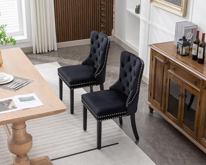 KCC Velvet Dining Chairs Set of 2, Upholstered High-end Tufted Dining Room Chair with Nailhead Back Ring Pull Trim Solid Wood Legs, Nikki Collection Modern Style for Kitchen, Black - color: Black, size: Set of 2
