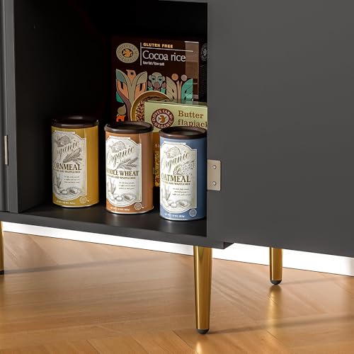 Housoul Fluted Sideboard Buffet Cabinet with 3 Doors, Black | Kitchen Storage Cabinet with Adjustable Shelves & Golden Handles, Modern Accent Cabinet, Coffee Bar for Kitchen, Living Room - color: Black