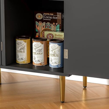 Housoul Fluted Sideboard Buffet Cabinet with 3 Doors, Black | Kitchen Storage Cabinet with Adjustable Shelves & Golden Handles, Modern Accent Cabinet, Coffee Bar for Kitchen, Living Room - color: Black