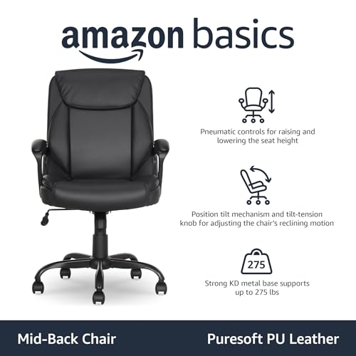 Amazon Basics Classic Puresoft PU Padded Mid-Back Office Desk Chair with Armrest, Easy Assembly, Sturdy Metal Base, Wheels, 275lb Support, 26"D x 23.75"W x 42"H, Black - color: Black