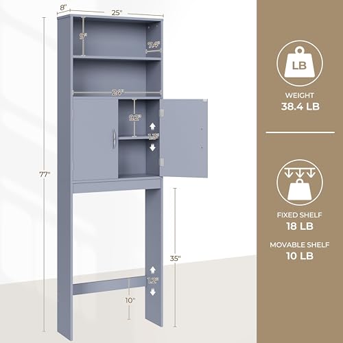 Yaheetech 77'' H Over the Toilet Storage Cabinet, Bathroom Organizer, Gray | Freestanding Cabinet with Adjustable Shelf for Small Space, Slim 8'' Depth, 2 Doors Hide Clutter, Anti-Tip Kit Included