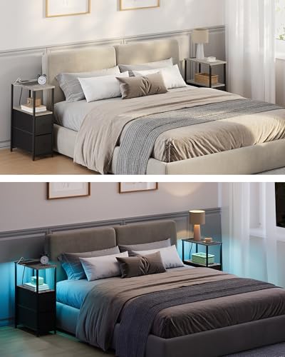 TUTOTAK Small Narrow LED End Table with Charging Station, Side Table Outlets, Nightstand with 2 Cloth Drawers, Set of 2, Couch Table, for Living Room, Bedroom, Bedside, Greige TB01BG056 - color: Greige, style: 2 Drawers with Plug & Light
