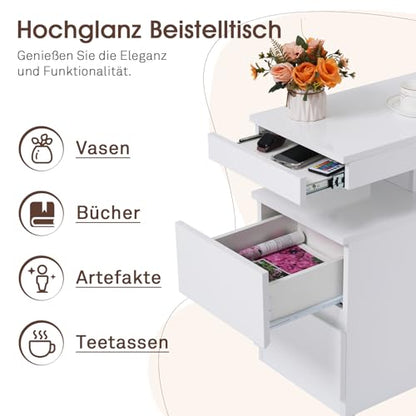 OC Orange-Casual LED End Table with Power Outlet, High Glossy Sofa Side Table, Small Nightstand with Drawer and Storage Cabinet, Narrow Side Table with Charging Station for Living Room (1,White) - color: White