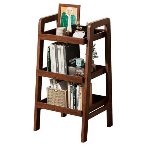 100% Solid Wood 3-Tiers Ladder Shelf, Small Bookcase, Ladder Bookshelf, End/Side Table for Living Room, Display Storage Open Shelf for Bedroom Kitchen Bathroom (Walnut Color) - color: Walnut Color