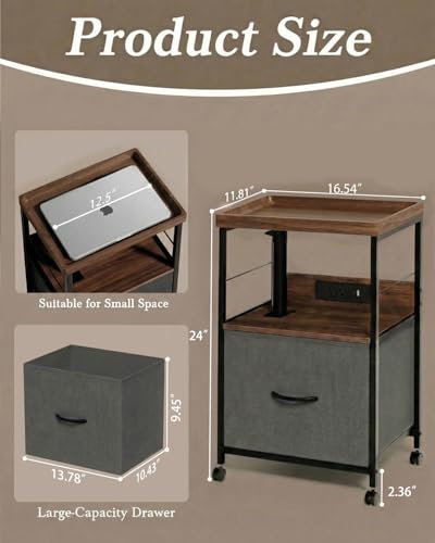 Faesun Swivel Lift Top Nightstand with Charging Station, Rolling Night Stand with Fabric Drawer, Adjustable Bedside Table for Bedroom, Living Room, Walnut Gray, Pro - color: 02 - Walnut Gray (Tray Top), size: 1 Drawer
