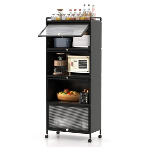 5-Tier Kitchen Storage Cabinet, Mobile Microwave Stand with Metal Frame, 4 Lockable Casters & Flip-up PC Doors, Freestanding Bakers Rack for Kitchen, Dining Room, Living Room (Black) - color: Black