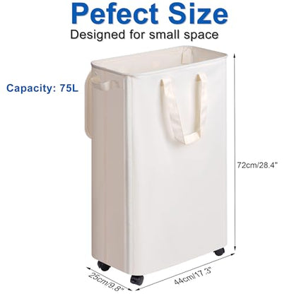 Vincona Slim Laundry Hamper with Lid and Wheels, Small Rolling Laundry Basket with Handle for Small Spaces, Tall Dirty Clothes Hampers for Dorm, Bathroom and Bedroom, 75L, Beige - size: 75L