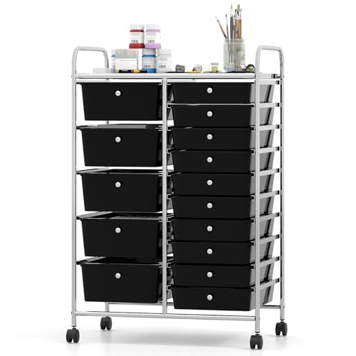 DREAMADE 15 Drawer Rolling Storage Cart, Mobile Craft Cart with Lockable Wheels, Removable Plastic Drawers & Metal Frame, Utility Cart for Home Office Classroom Studio (Black) - color: Black, size: 24.5"L x 15"W x 38"H